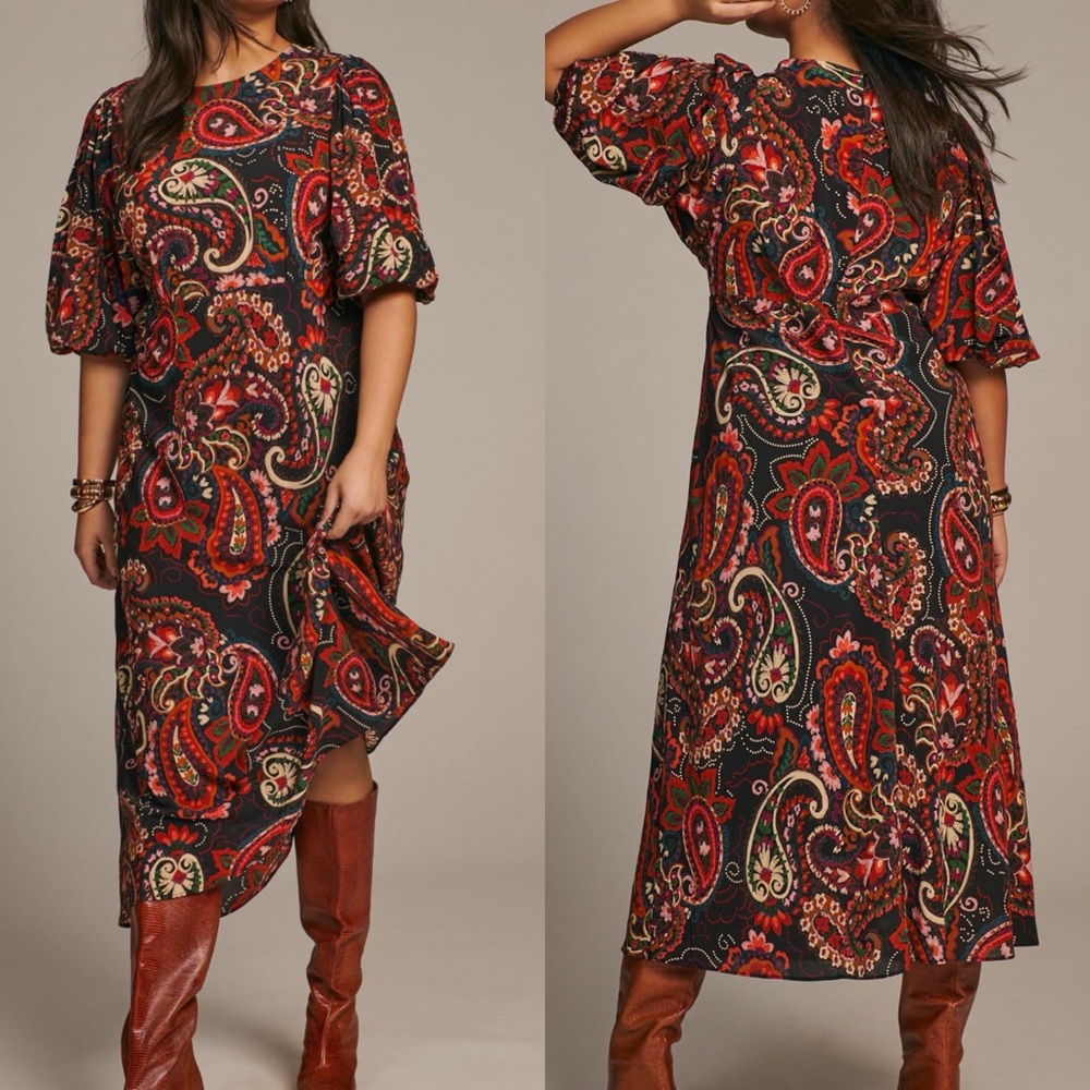 Anthropologie Kachel Puff-Sleeve Dress Paisley midi lightweight colorful